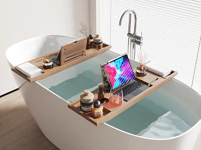 Modern White Bathtub With Wooden Tray Holding Laptop Aromatherapy Products Towels And Window Blinds 3d model
