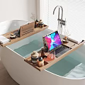 Modern White Bathtub With Wooden Tray Holding Laptop Aromatherapy Products Towels And Window Blinds