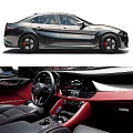 Sporty Black Sedan Exterior With Red Brake Calipers And Red Black Interior Steering Wheel Dashboard