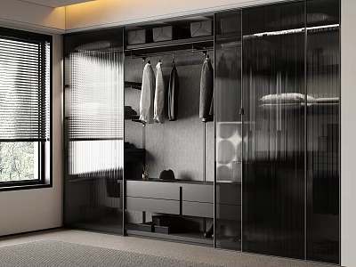 Modern Wardrobe With Glass Doors Hanging Area Drawers And Window Blinds 3d model