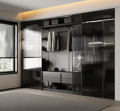 Modern Wardrobe With Glass Doors Hanging Area Drawers And Window Blinds 3d model