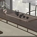 Chinese Style Wooden Tea Table and Chairs with Tea Sets Calligraphy and Green Plants