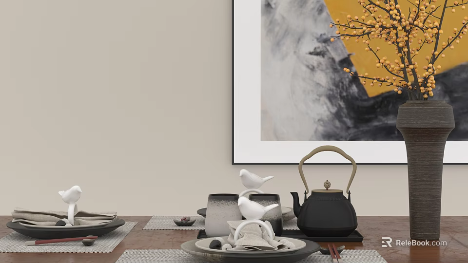 Traditional Tea Set With Black Teapot And White Bird Decorations On Wooden Table 3d model 