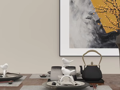 Traditional Tea Set With Black Teapot And White Bird Decorations On Wooden Table 3d model