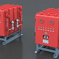 Red Industrial Control Panels with Metal Stands Control Buttons Instrument Gauges and Pipeline Connections
