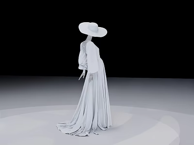 Woman In Long White Dress And Wide Brimmed White Hat Standing In Minimalist Setting 3d model
