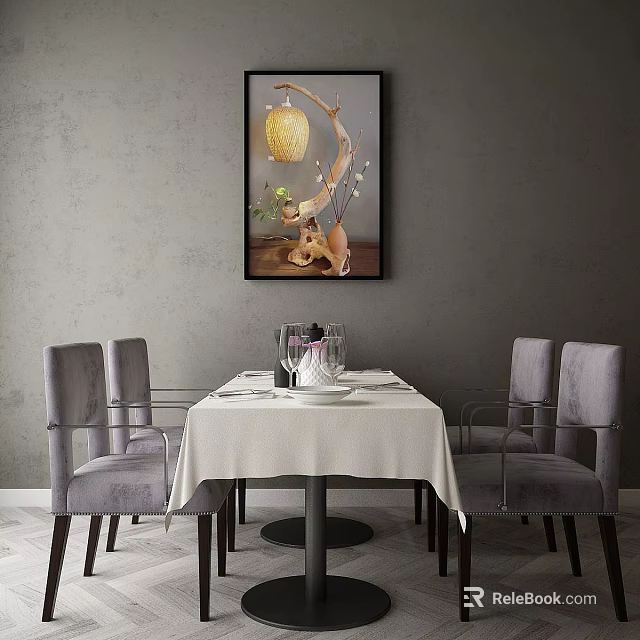 Stylish Dining Table With White Tablecloth Gray Chairs And Wall Artwork In Modern Interior 3d model 