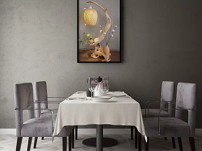 Stylish Dining Table With White Tablecloth Gray Chairs And Wall Artwork In Modern Interior 3d model