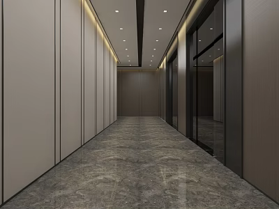 Modern Building Corridor With Marble Floor Elevator Doors And Ceiling Lighting 3d model