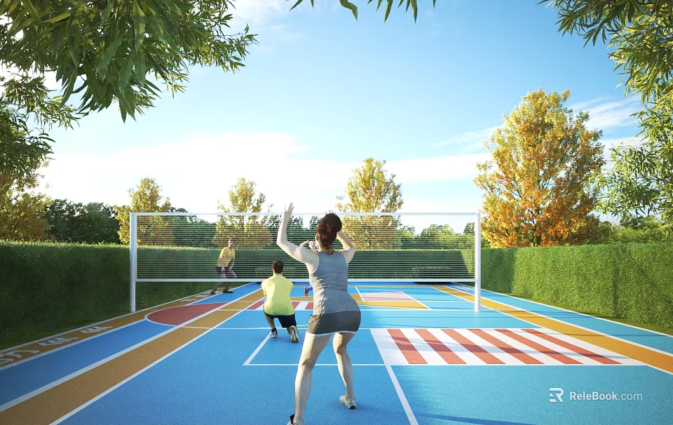 People Playing Badminton On Outdoor Colorful Sports Court For Fitness Sunny Day With Trees 3d model 