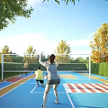 People Playing Badminton On Outdoor Colorful Sports Court For Fitness Sunny Day With Trees