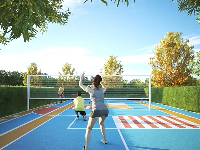 People Playing Badminton On Outdoor Colorful Sports Court For Fitness Sunny Day With Trees 3d model