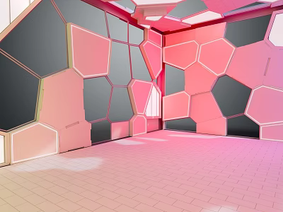 Vibrant Abstract Futuristic Cartoon Scene With Geometric Hexagons Polygons And Pink Brick Floor 3d model