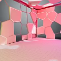 Vibrant Abstract Futuristic Cartoon Scene With Geometric Hexagons Polygons And Pink Brick Floor