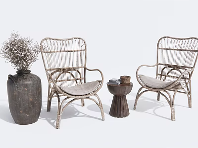 Casual Leisure Sofa Set With Rattan Chairs Vase And Small Side Table 3d model