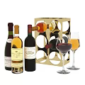 Assorted Wine Bottles With Golden Rack And Red White Wine Glasses
