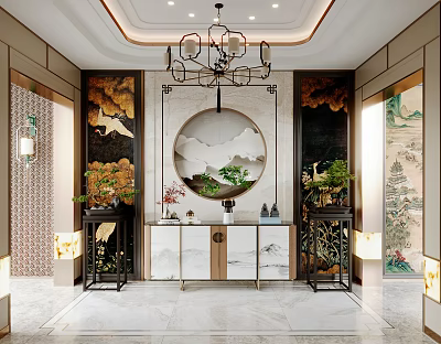 Chinese Traditional Foyer Hallway With Round Landscape Painting Chandelier Green Plants And Marble Cabinet 3d model