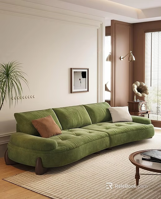 Green Velvet Leisure Sofa Set with Brown White Cushions and Indoor Plant Decor 3d model 