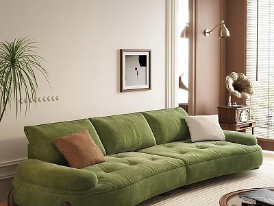 Green Velvet Leisure Sofa Set with Brown White Cushions and Indoor Plant Decor 3d model