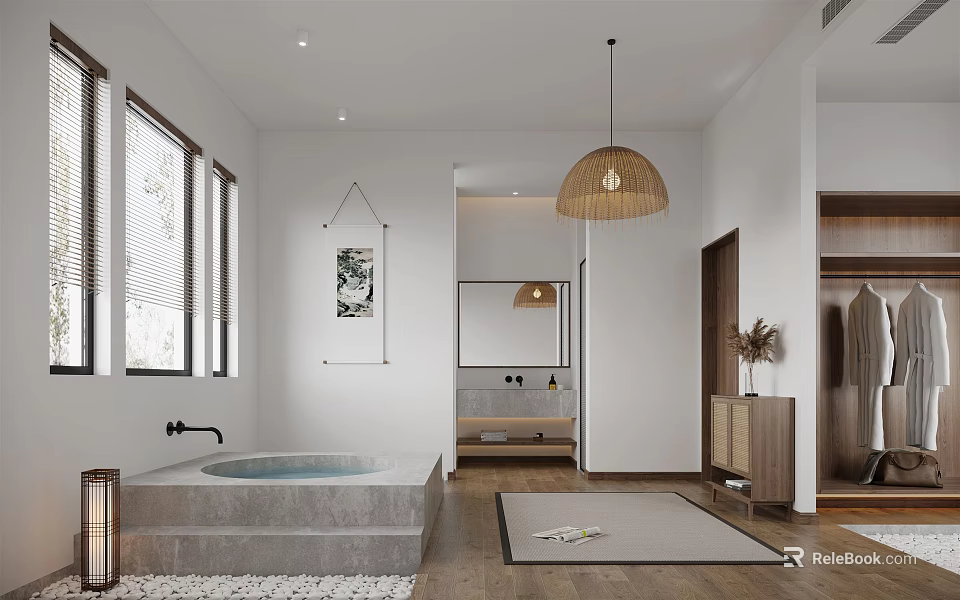 Modern Bathroom Interior With Bathtub Windows Pendant Lamp Mirror And Wooden Floor 3d model 