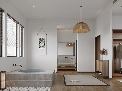 Modern Bathroom Interior With Bathtub Windows Pendant Lamp Mirror And Wooden Floor 3d model