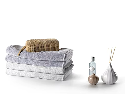 Soft Stacked Bath Towels In Neutral Tones With Natural Soap Aromatherapy Bottle And Reed Diffuser 3d model