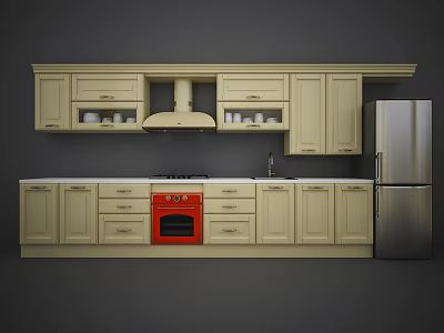 Cream Colored Kitchen Cabinets with Red Oven Silver Refrigerator and Range Hood 3d model
