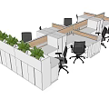 Modern Office Desk Cubicles With Computer Monitors Black Office Chairs And Green Plants