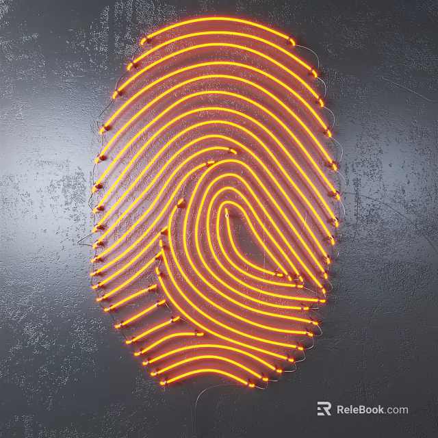 Stylish Orange Neon Decorative Light in Unique Fingerprint Shape on Metallic Background 3d model 