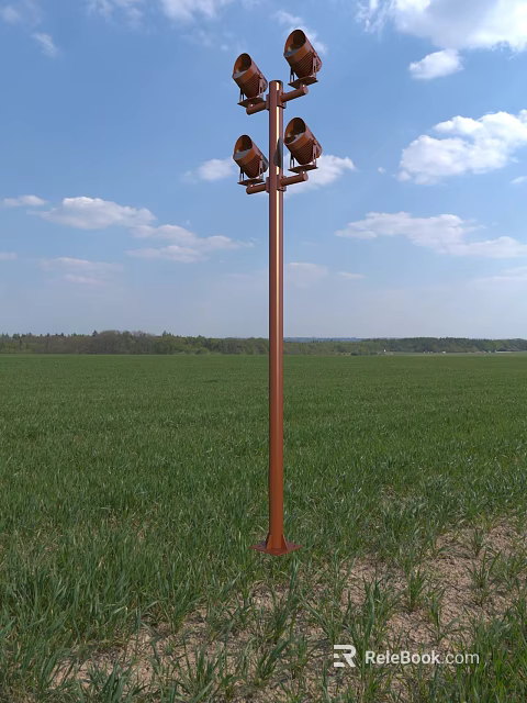 Brown Outdoor Light Lamp Post With Two Heads In Green Field Under Blue Sky 3d model 