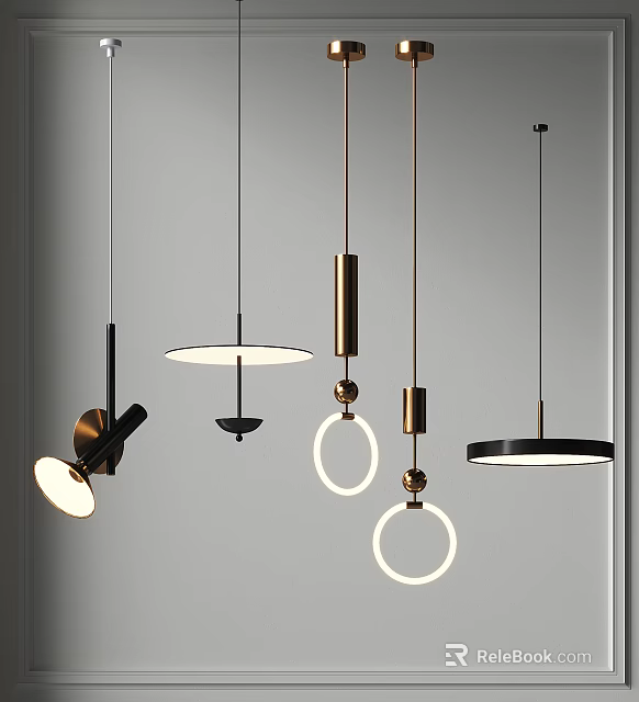 Illuminated Modern Pendant Lights With Circular Ring Shapes And Metallic Tones 3d model