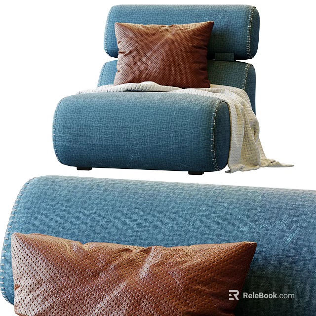Comfortable Blue Single Sofa With Textured Fabric Brown Pillow Throw Blanket 3d model 