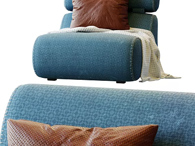 Comfortable Blue Single Sofa With Textured Fabric Brown Pillow Throw Blanket 3d model