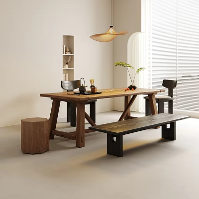 Modern Wooden Tea Table Bench Set with Stool Tea Set Potted Plant and Hanging Lamp 3d model