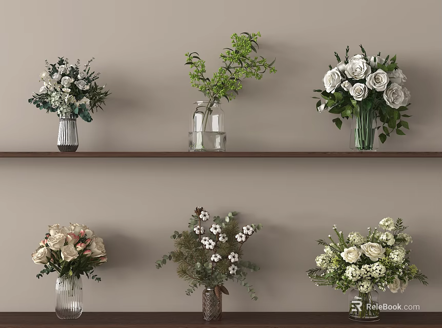 Various Flowers in Different Vases on Wooden Shelves with White Roses and Green Leaves 3d model 
