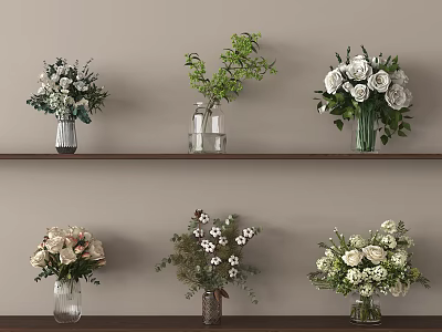 Various Flowers in Different Vases on Wooden Shelves with White Roses and Green Leaves 3d model