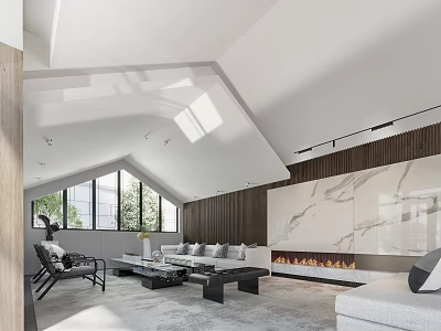 Modern Living Room Interior With Large Windows Wooden Walls And Marble Fireplace 3d model