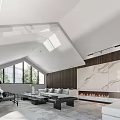 Modern Living Room Interior With Large Windows Wooden Walls And Marble Fireplace