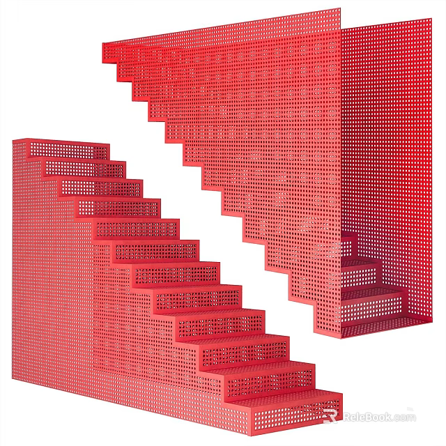 Red Staircase Design With Modern Geometric Perforated Structure And Architectural Elements 3d model