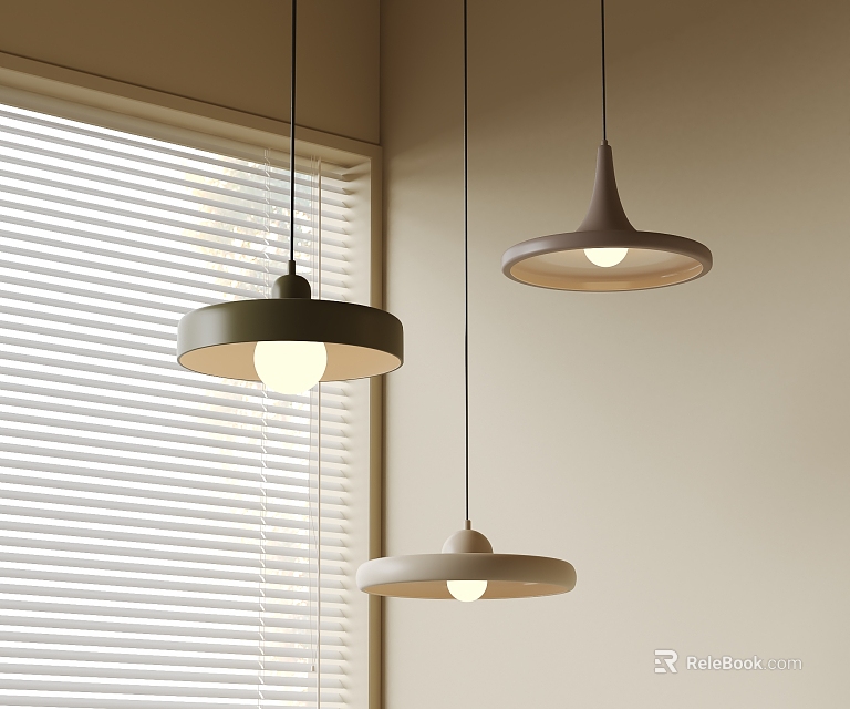 Modern Three Gray And White Pendant Lights Hanging In Room With Window Blinds 3d model 
