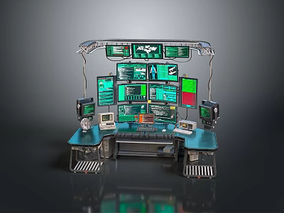 Futuristic High Tech Control Console With Multiple Screens And Data Displays 3d model