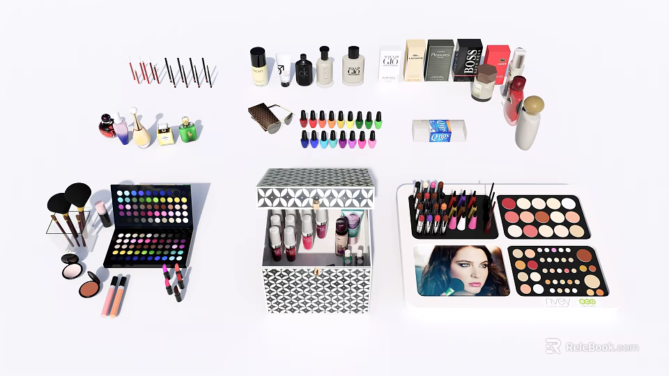 Perfumes and Cosmetics Collection With Lipsticks Eyeshadows Nail Polishes and Makeup Brushes 3d model 