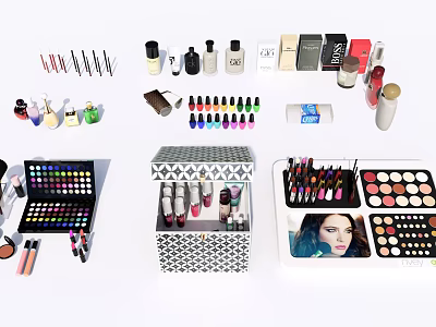 Perfumes and Cosmetics Collection With Lipsticks Eyeshadows Nail Polishes and Makeup Brushes 3d model