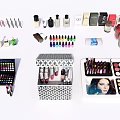 Perfumes and Cosmetics Collection With Lipsticks Eyeshadows Nail Polishes and Makeup Brushes