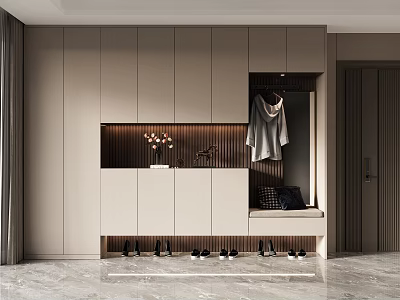 Modern Shoe Cabinet Design With Clothes Hanging Area Bench And Decorative Flowers 3d model