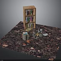 Wooden Bookshelf With Colorful Books On Fall Leaves Carpet And Campfire Setup