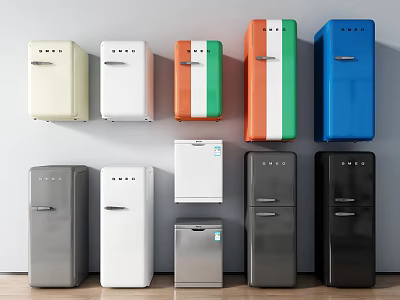 Colorful Retro Modern Refrigerators Freezers with Various Colors Sizes and Designs 3d model