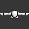 3D White And Black Robot Character With Green Eyes Extended Arms Standing On Black Background