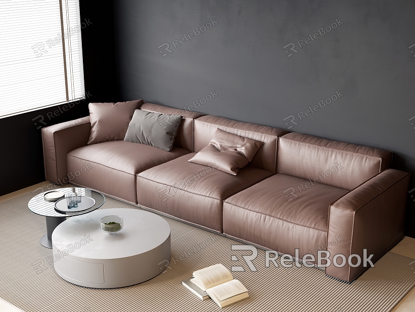 Three-Seat Leather Sofa Glass Coffee Table Combination Pillow Carpet Water Cup Tray Books model