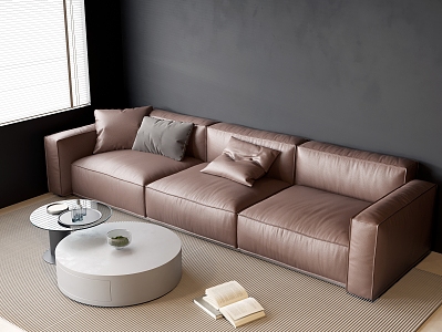 Three-Seat Leather Sofa Glass Coffee Table Combination Pillow Carpet Water Cup Tray Books 3d model